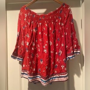 BEACHLUNCHLOUNGE Red Floral Smocked Off‎ Shoulder Blouse Sz. XL